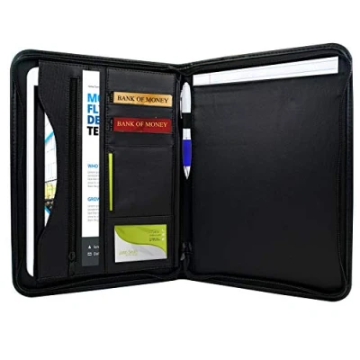 Imagen de TRIXES Carpeta Organizadora de archivos para conferencia Perfecta escritorios oficinas documentos A4 A Cremallera Efecto piel Color negro