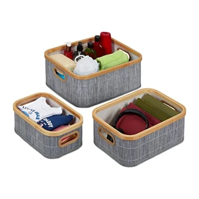 Imagen de Relaxdays Almacenamiento Set de 3, Cestas Baño 3 Tamaños, con Asas, Bambú y Poliéster, Canastos Apilables, Gris, Cartón, 17 x 41 33,5 cm