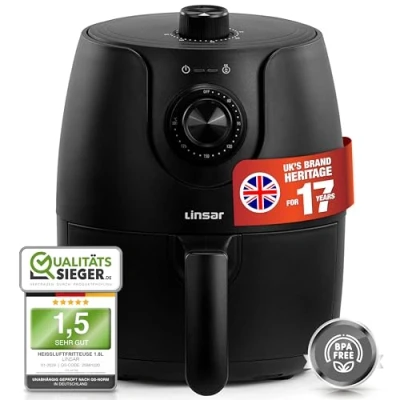 Imagen de Linsar Freidora de aire caliente 1,8 L, temporizador, temperatura seleccionable, mantener caliente, mini, sin aceite, ahorro energía y más rápido que los hornos convencionales, 1200 W