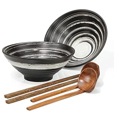 Imagen de Noble Createaprototype Cuencos De Ramen Cerámica Japonés, Tazones Sopa 1000ml con Cuchara Palillos Madera 2 Juegos, for Ensalada Cereales Postre Arroz Pasta Gachas Udon Avena Merienda Soba (c)