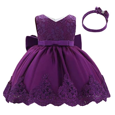 Imagen de Lito Angels Vestidos Elegante Bebe Niña en Flor de Encaje Bordado y Tul Morado Oscuro, con Diadema Lazo, para Boda Fiesta Ceremonia, Talla 18 24 Meses 426 (Número Etiqueta 90)