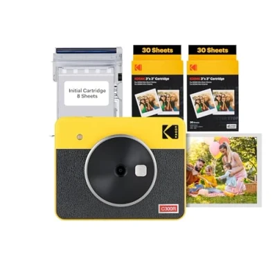 Imagen de KODAK Mini Shot 3 Retro 4PASS 2 en 1 Cámara Instantánea e Impresora de Fotos (7,6x7,6cm) + Pack con 68 Hojas, Amarillo