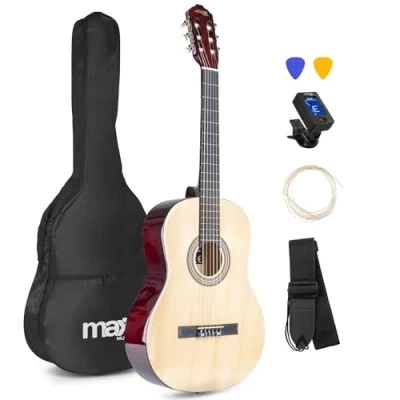 Imagen de MAX SoloArt Guitarra clasica con cuerdas de nailon para Principiantes Adultos flamenca Funda, Afinador, Púa, Correa y Accesorios Española 4/4 en Madera Natural
