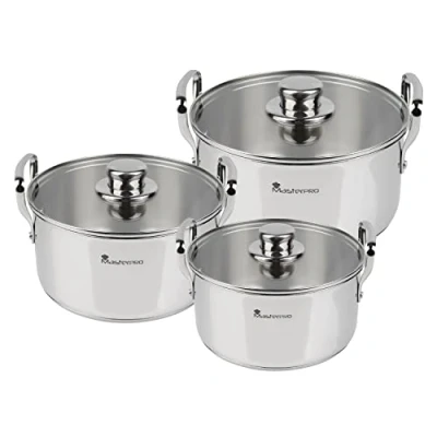 Imagen de MasterPRO Smart Batería de Cocina Set 6 Piezas con Tapa Cristal 20, 24 y 28cm Fabricadas en Acero Inoxidable Cacerolas Compatibles Todo Tipo Cocinas