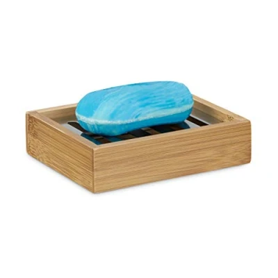 Imagen de Relaxdays Jabonera Rectangular para el Cuarto de baño, Hecho bambú con Bandeja Goteo Acero Inoxidable, 3 x 12.5 10 cm, Color Natural