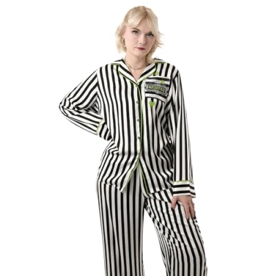Imagen de Conjunto de pijama a rayas para mujer en Blanco y negro Pijamas pierna larga manga ropa dormir Beetlejuice acogedor