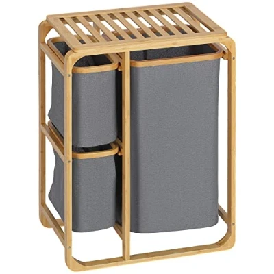 Imagen de HOMCOM Cesto para Ropa Sucia de Bambú Cesta la Colada con 3 Bolsas Tela Extraíbles y Estante Abierto Baño Dormitorio 50x32x69,7 cm Gris
