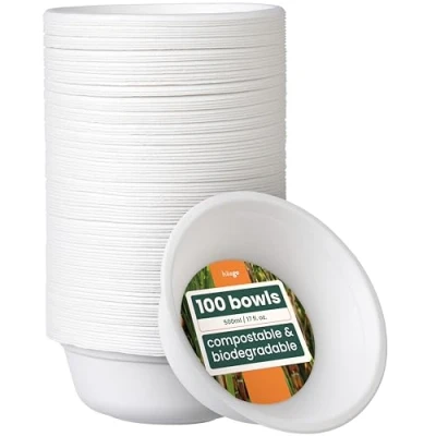 Imagen de 100 Cuencos de Papel Caña Azúcar (500ml) Ecológicos Apto para Microondas