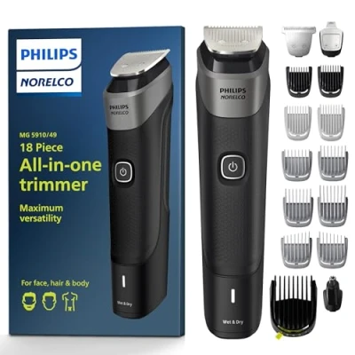 Imagen de Philips Norelco Multigroom Series 5000 18 piezas, cara de barba, cabello, recortadora pelo corporal para hombres, sin aceite hoja MG5910/49