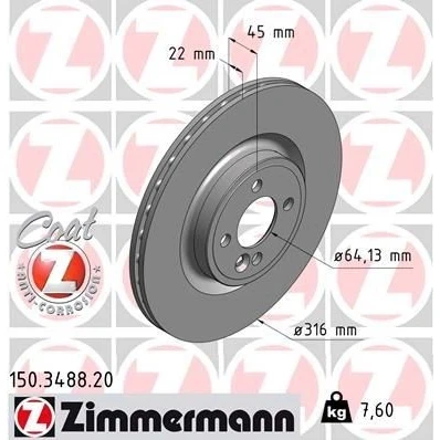 Imagen de ZIMMERMANN COAT Z 150.3488.20 Disco de freno 316 22 5/4 4 100 ventilación interna revestido altamente carbonizado MINI: Hatchback, Cabrio, Clubman