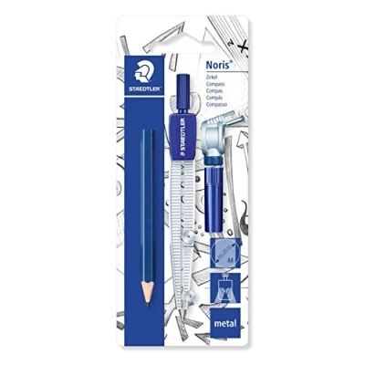 Imagen de Staedtler 550 60 BK Compás escolar con adaptador universal, bote para minas y lápiz pequeño adicional en blíster, azul/plata