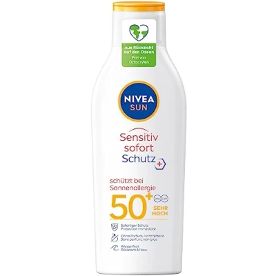 Imagen de NIVEA SUN Sensitiv loción solar protección inmediata en paquete de 1 unidad (1 x 200 ml), con FPS 50+ para pieles sensibles, impermeable caso alergia al sol