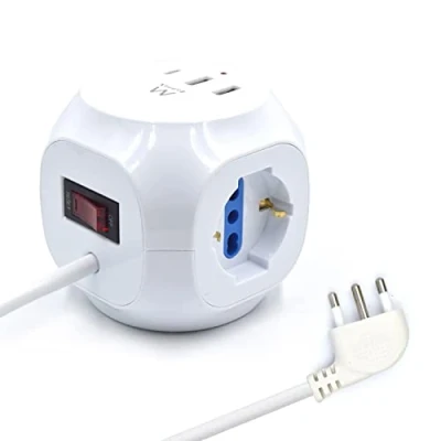 Imagen de Ewent EW3860 Regleta Cubo de 3 Posiciones con 2 Cargadores USB y 1 Cargador C, Enchufe Italiano 16A, Blanco