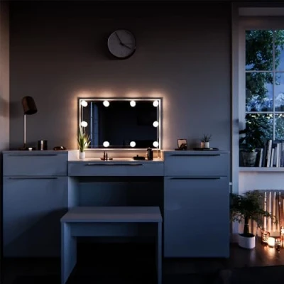Imagen de Vicco Tocador Lilli, Blanco Alto Brillo, 190 cm con iluminación LED y Banco