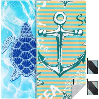 Imagen de KUOGAS Toalla Playa XXL Juego de 2 90 X 180 cm, Grande Microfibra Secado RáPido, BañO Sin Arena, Manta para Mujer (Tortuga+Ancla)