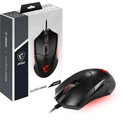 Imagen de MSI Clutch GM08 Ratón para Videojuegos (USB simétrico, LED Rojo, Sensor óptico Paw 3519, conmutador de hasta 10 ml Clic, Sistema Pesas modificables), Negro