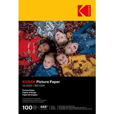 Imagen de KODAK 9891161: 100 hojas de papel fotográfico 180 g/m², brillante, tamaño A6 (10 x 15 cm), impresión inyección tinta