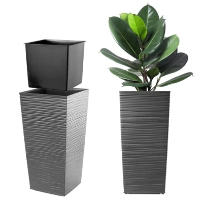Imagen de KADAX Macetero Alto de Diseño Moderno para Plantas Interior y Exterior, Maceta Grande Plástico, Jardinera Alta (Texturizado, Grafito, 57.5 cm)