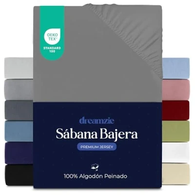 Imagen de Dreamzie Sabanas 80x200 cm, Sabana Bajera Premium para Colchones de hasta 12 cm Altura, 100% Algodon 150 g/m² Antracita Certificada sin Productos Químicos (Oeko Tex)