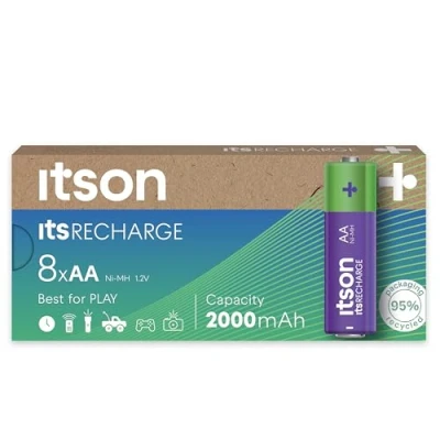 Imagen de ITSON, Pilas Recargables AA, Paquete de 8, precargadas, Capacidad mínima 2000 mAh, Embalaje con 95% Materiales reciclados, batería Recargable, Made in Japan