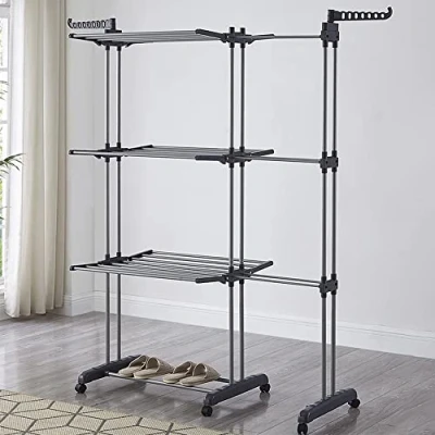 Imagen de Tendedero de Ropa Plegable Vertical,Tendedero Tipo Torre Tres Estante con Cuatro Ruedas, Espacio Secado, Capacidad para 15 KG (75 142,5 * 64 170cm (Gris))