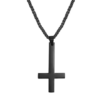 Imagen de PROSTEEL Collar Cruz Invertida Simbolo Anticristiano, Colgante Crucificcion de San Pedro (Negro)
