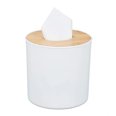 Imagen de Relaxdays Caja Pañuelos Redonda, Tapa Bambú, Baño, Diseño Moderno, Contenedor Plástico, 12,5 x 13,5 cm, Blanco y Natural