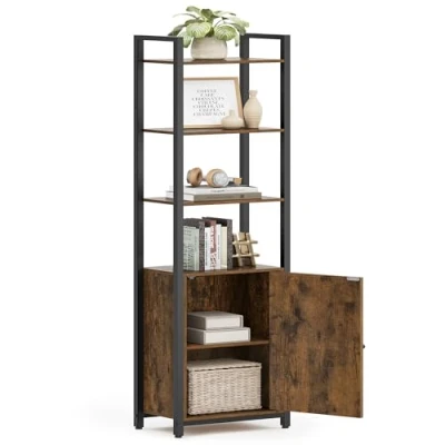 Imagen de VASAGLE Librería de 6 Niveles, Estantería Vertical con Puerta, Marco Metal, Estantes Ajustables, 24 x 40 159,5 cm, para Salón, Dormitorio, Marrón Rústico y Negro Tinta LLS132K01