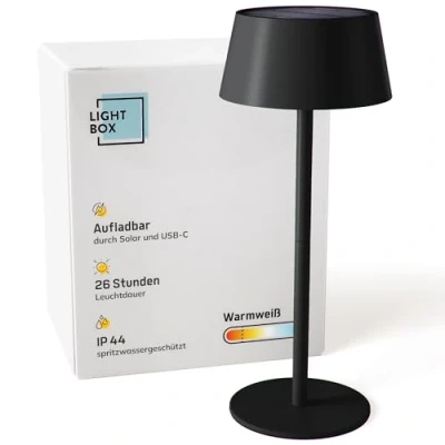 Imagen de Lightbox LED Außen Tischlampe kabellose mobile Outdoor Lampe mit Solar 3 Stufen Touch dimmbar Akku betriebene Tischleuchte (300 lm, 3000 K) aus Metall &amp; Kunststoff in Schwarz Balkon Deko