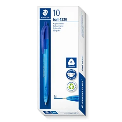 Imagen de STAEDTLER Bolígrafo retráctil triangular, color de escritura azul, ancho línea M aproximadamente 1,00 mm, para una relajada, 10 bolígrafos azules en estuche cartón, 4230 3