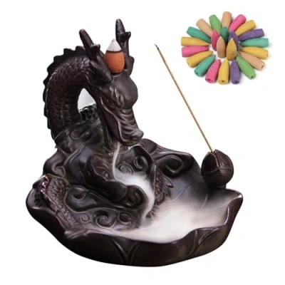 Imagen de Quemador de Incienso Reflujo para el Hogar con Forma Dragón 20 Incienso, Humo Esmalte Cerámica Cono