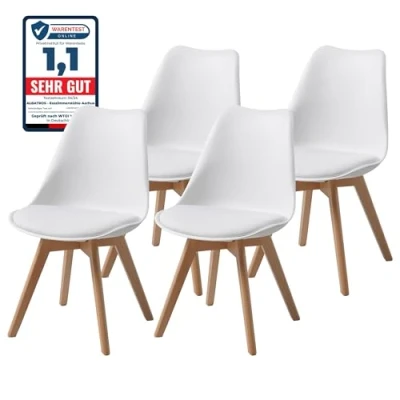 Imagen de Albatros Sillas de Comedor AARHUS, Juego 4, Blanco con Patas en Madera Maciza, Haya, Diseño Retro Escandinavo