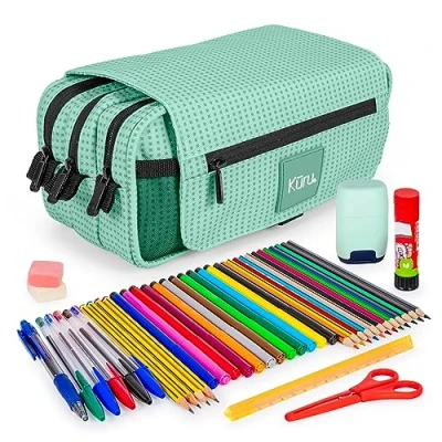 Imagen de Colepack Kuru Lote de Estuche Portatodo Triple con 3 Cremalleras y Material Escolar Primeras Marcas Incluido (Menta)