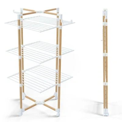 Imagen de VOUNOT Tendedero de Pie Torre 3 Niveles, Vertical 25m Tendido Secadora Plegable Ahorra Espacio con Ruedas y Ganchos Laterales, Rejilla Secado Aspecto Madera, 69x136x69 cm, Blanco