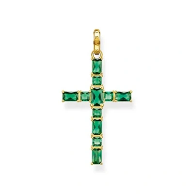 Imagen de THOMAS SABO Cadena colgante de cruz para mujer, con varias piedras verdes, Plata ley 925 ennegrecida y chapado en oro 750, tamaño: 42 x 23 mm, PE939 472 6, H: ca. 42mm / B: 23mm,
