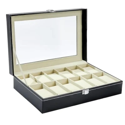 Imagen de Caja Relojes con 12 Compartimentos, Ohuhu para Tapa de Cristal y Cojín Extraíble, Organizador, Regalo Cumpleaños Día del Padre Navidad