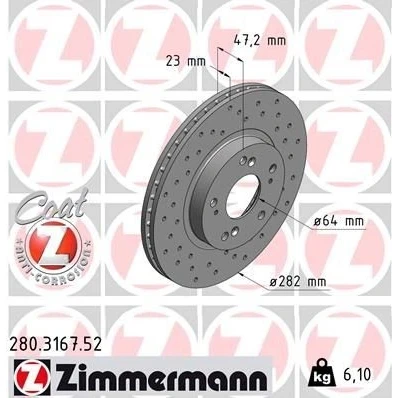 Imagen de ZIMMERMANN SPORT COAT Z 280.3167.52 Disco de freno 282 23 9/5 5 114 ventilación interna, perforado revestido HONDA: CIVIC 7 Hatchback, CR V 2