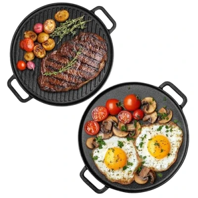 Imagen de Navaris Plancha Hierro Fundido Sarten Reversible 30 cm para Barbacoa Cocina de Gas Vitrocerámica Inducción y Horno Ideal Carne Verduras Tortitas
