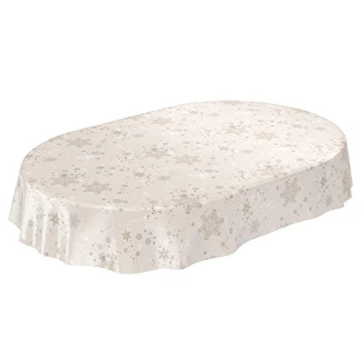 Imagen de ANRO Mantel de Hule Encerado, diseño Copo Nieve, Color Beige y Ovalado, 200 x 140 cm