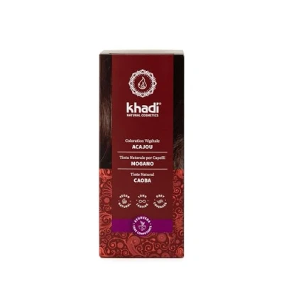 Imagen de khadi CAOBA tinte natural, rojo aterciopelado con matices terracota a un castaño oscuro y profundo, color natural 100% vegetales vegano, cosmética 100g