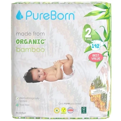 Imagen de PureBorn Pañales Bebé Ecológicos de Bambú, Talla 2 (3 6 kg), 192 piezas x 64), Hipoalergénicos, Ultrasuaves, Estampado Surtido