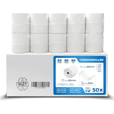 Imagen de papel térmico 80x80 Rollo para impresora termica Rollos de tickets 80mm 80x80x12 caja registradora negocio y bar (50 ud.)