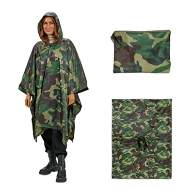 Imagen de Relaxdays Chubasquero Camuflaje, Poncho Lluvia Reutilizable, Chaqueta Impermeable Multifuncional, Unisex, Verde y Marrón