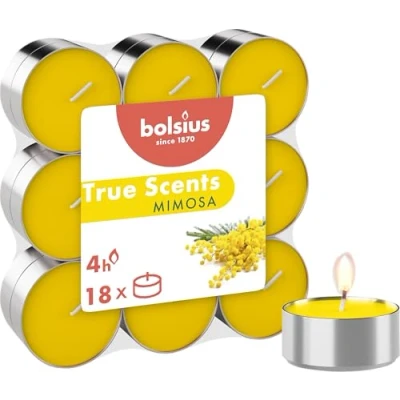 Imagen de Bolsius True Scents 18 velas de té Mimosa Tiempo combustión 4 horas Decoración interiores Extractos naturales con cera vegana natural