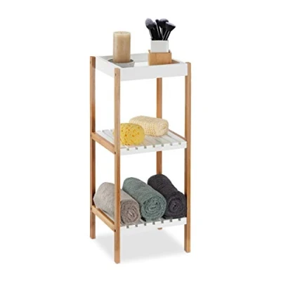Imagen de Relaxdays, 72x30x29 cm Estantería de baño, Tres estantes Abiertos, MDF, Sin Taladro, Bambú, Marrón y Blanco, Tablero Fibras, 72 x 30 29