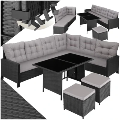 Imagen de TecTake® Conjunto Jardín de Ratán con Mesa y Cojines, Terraza Resistente a la Intemperie Combinable, Muebles Exterior 5 Piezas, Sofá Esquina, 2 Taburetes 1 Mesa, Acero Negro