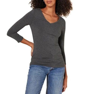Imagen de Amazon Essentials Camiseta de Cuello en Pico, Manga 3/4 y Ajuste Clásico (Disponible Tallas Grandes) Mujer, Carbón Mezcla, M