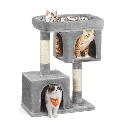Imagen de Feandrea Árbol Torre de 84 cm, L, para Gatos Grandes hasta 7 kg, Plataforma con 2 Cuevas, Rascador, Gris Claro PCT61W