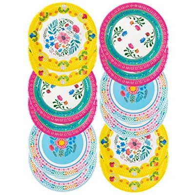Imagen de Talking Tables Juego de 12 platos papel florales coloridos bohemios, vajilla desechable Tema Hawaiano, Verano, Cumpleaños Infantil, Fiesta Encanto, 23cm, Amarillo Rosado Azul