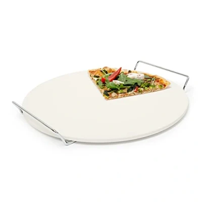 Imagen de relaxdays Piedra para Pizza con Soporte de Metal, cordierita, 3.5 x 34 33 cm, 1.5 Kg, Beige, Hierro, 3,5 cm